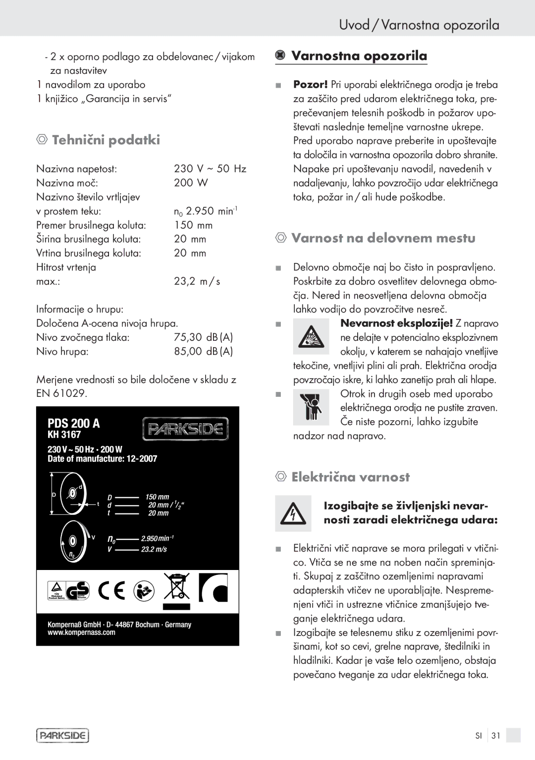 Parkside PDS 200A manual Uvod / Varnostna opozorila, Tehnični podatki, Varnost na delovnem mestu, Električna varnost 